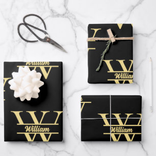 Schwarz-Gold-Monogramm   Elegantes Anfangsskript Geschenkpapier Set
