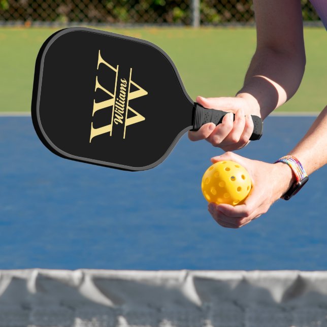 Schwarz-Gold-Monogramm | Elegantes Anfangsskript Pickleball Schläger (InSitu)