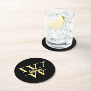 Schwarz-Gold-Monogramm Elegantes Anfangsskript Runder Pappuntersetzer