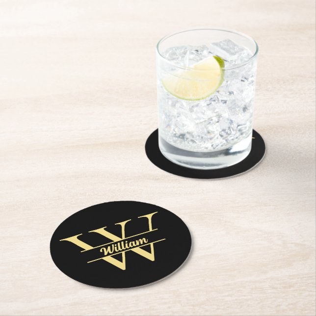 Schwarz-Gold-Monogramm | Elegantes Anfangsskript Runder Pappuntersetzer (Vor Ort)