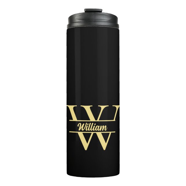 Schwarz-Gold-Monogramm | Elegantes Anfangsskript Thermosbecher (Vorderseite)