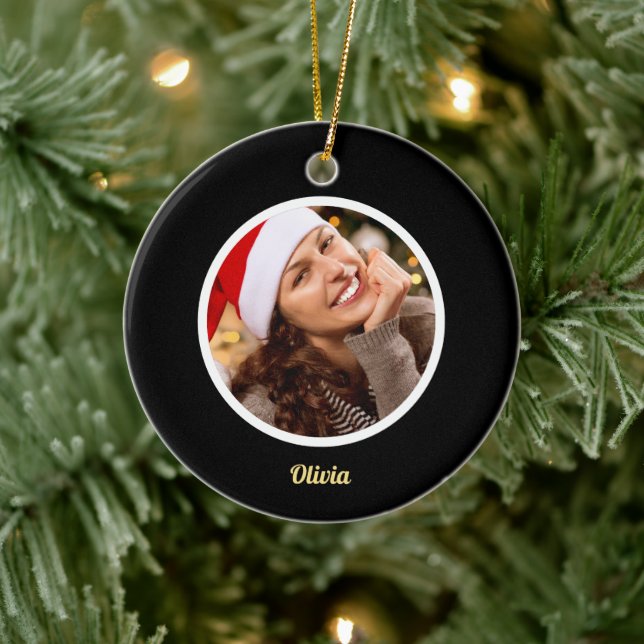 Schwarz-Gold-Monogramm | Elegantes erstes FOTO Keramik Ornament (Baum)