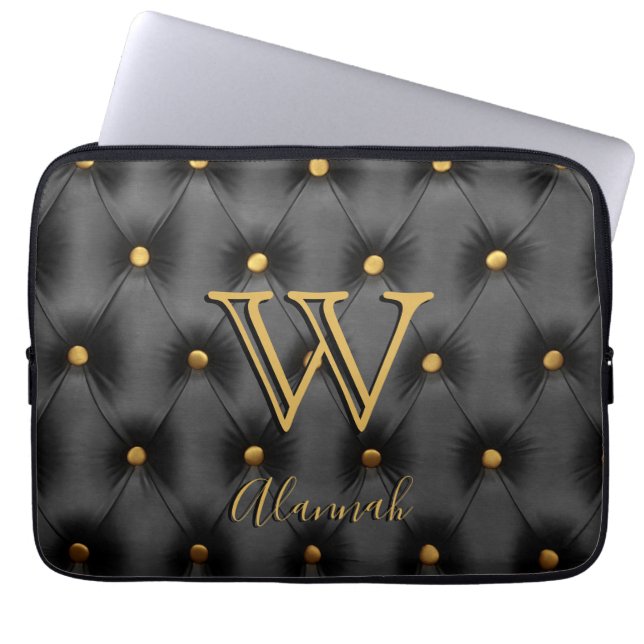 Schwarz-Gold-Monogramm Laptopschutzhülle (Vorderseite)
