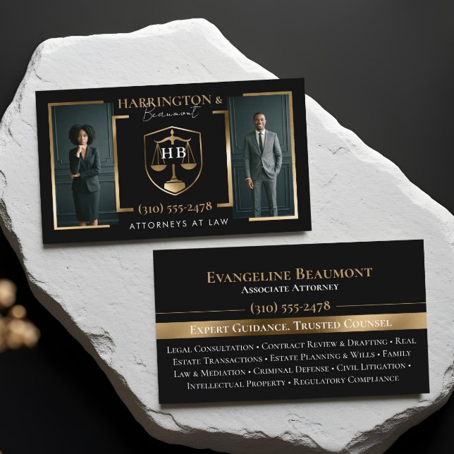 Schwarz-Gold-Monogramm-Luxus-Anwälte-Rechtsanwälte Visitenkarte (Black Gold Monogram Luxury Attorneys At Law Photo Business Card)