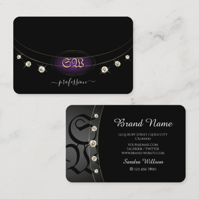 Schwarz-Gold-Monogramm und Diamanten Visitenkarte (Vorne/Hinten)
