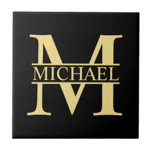 Schwarz-Gold-Monogramm und Personalisierter Name Fliese