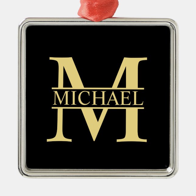Schwarz-Gold-Monogramm und Personalisierter Name Ornament Aus Metall (Vorne)