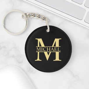 Schwarz-Gold-Monogramm und Personalisierter Name Schlüsselanhänger