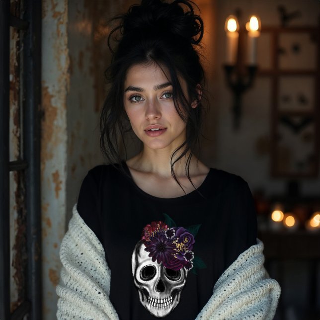 Schwarz-Gold-Moody-Bläschen-Skull Tri-Blend Shirt (Black & Gold Moody Floral Halloween Skull Tri-Blend Shirt)