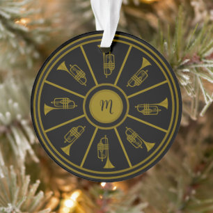 Schwarz-Gold-Motiv mit Trompeten und Monogramm Ornament