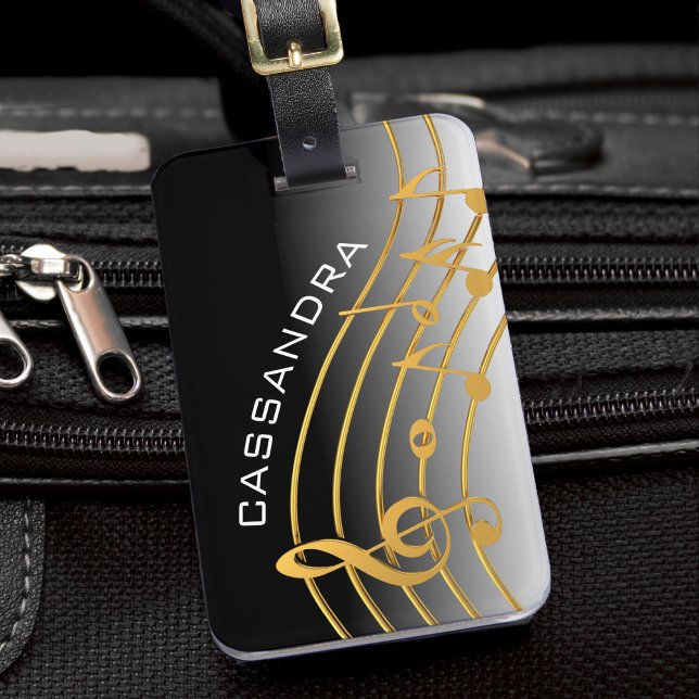 Schwarz/Gold-Musiknote Gepäckanhänger (black and white ombre luggage tag with gold music staff)