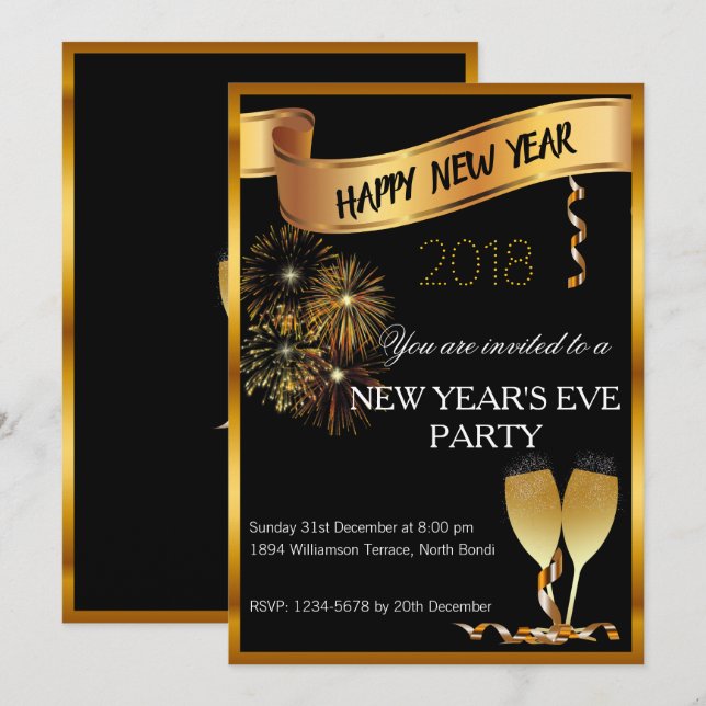 Schwarz-Gold-Neujahr-Einladung Einladung (Vorne/Hinten)