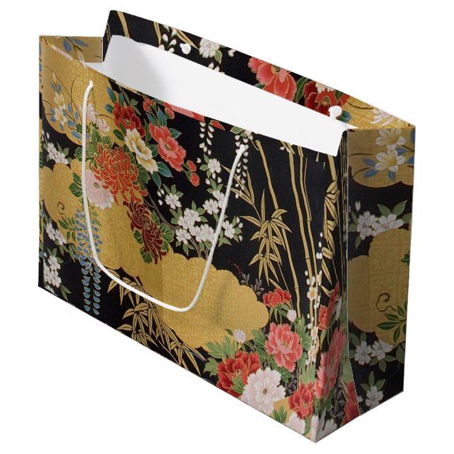 Schwarz-Gold-Orientalisch-Kimono-Flora Große Geschenktüte (Vorderseite Schrägansicht)