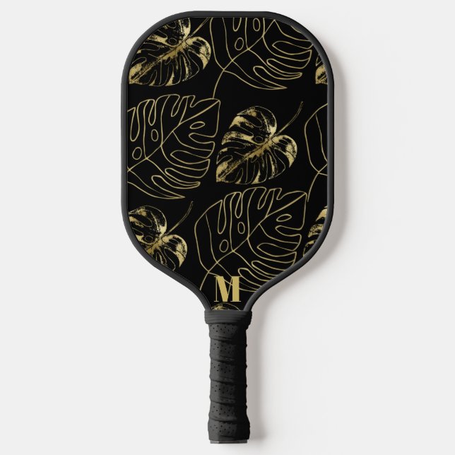 Schwarz-Gold-Palm-Leaf-Muster | Modernes Monogramm Pickleball Schläger (Vorderseite)