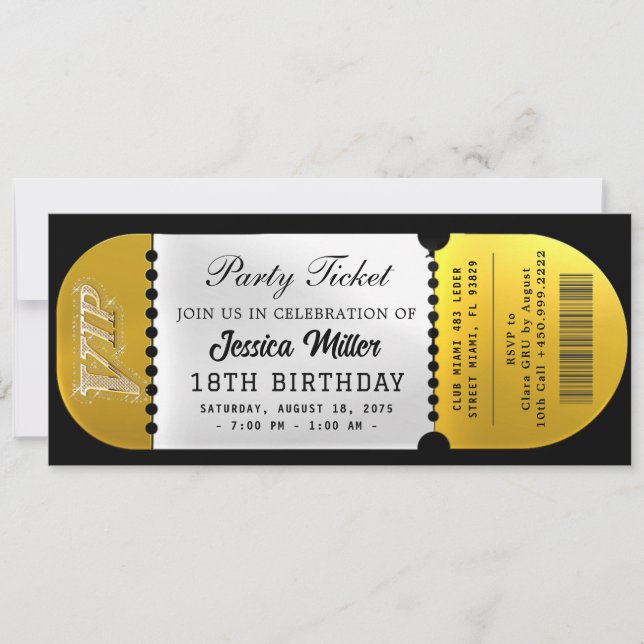 Schwarz & Gold Party-Ticket Einladung (Vorderseite)