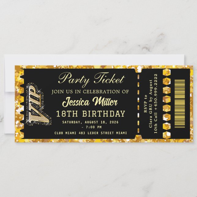 Schwarz & Gold Party-Ticket Einladung (Vorderseite)