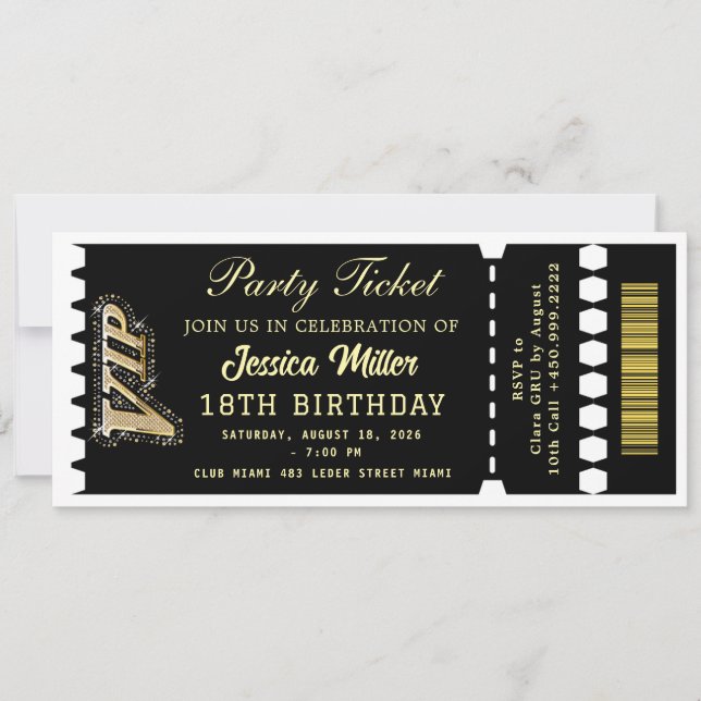 Schwarz & Gold Party-Ticket Einladung (Vorderseite)