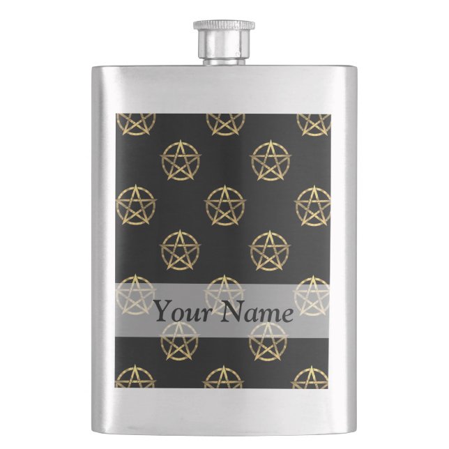 Schwarz-Gold-Pentagramm Flachmann (Vorderseite)