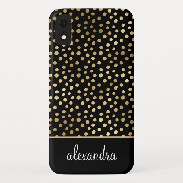 Schwarz - Gold Polka Dot Pattern Monogramm Case-Mate iPhone Hülle (Rückseite)