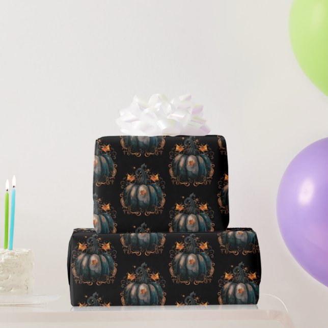 Schwarz-Gold Pumpkin Blätter Muster Halloween Geschenkpapier (Partygeschenke)