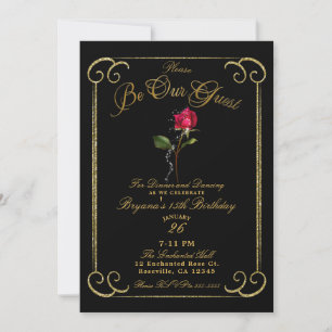 Schwarz & Gold Red Rose Beauty Sweet 16 Geburtstag Einladung