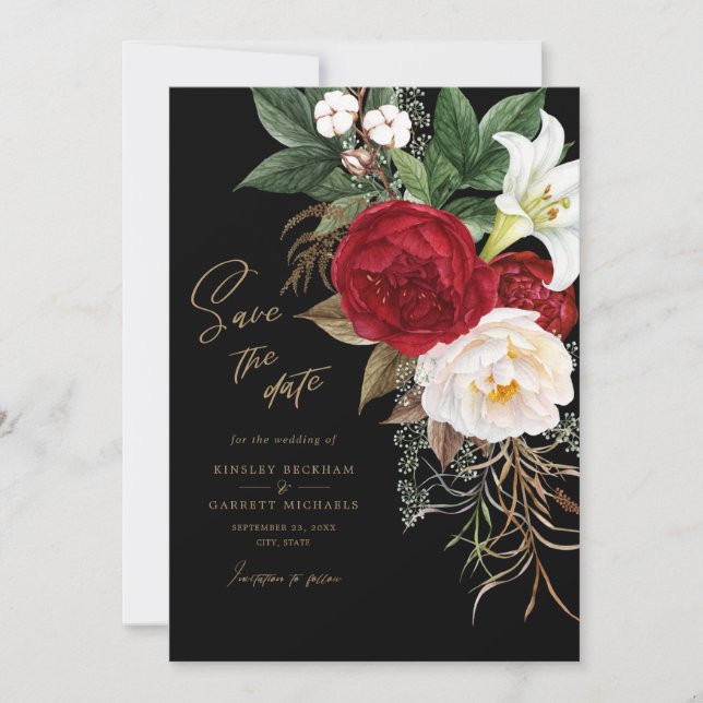 Schwarz-Gold-Romantische Blumenhochzeit rettet das Save The Date (Vorderseite)