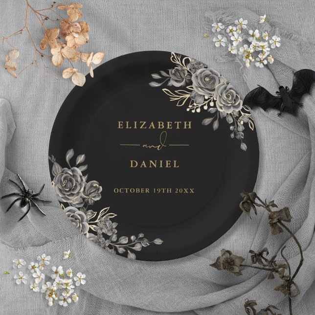 Schwarz-Gold-Rose Blumengotik Pappteller (Black And Gold Roses Floral Gothic Wedding Paper Plates)