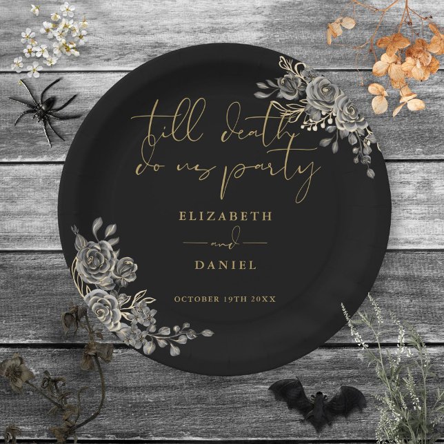 Schwarz-Gold-Rose Blumengotik Pappteller (Black And Gold Roses Floral Gothic Wedding Paper Plates)