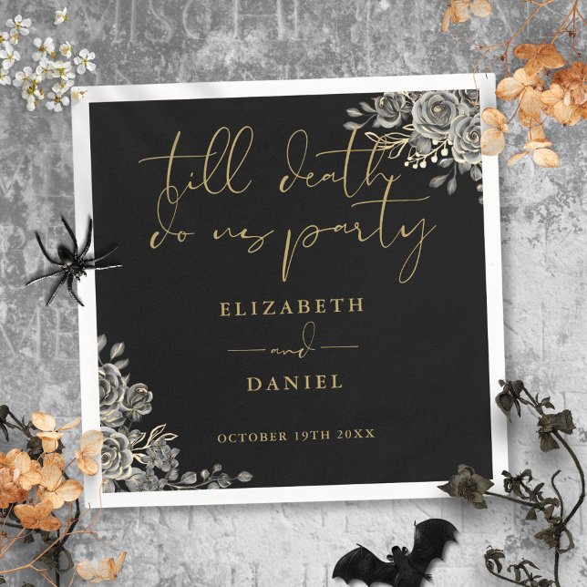 Schwarz-Gold-Rose Blumengotik Serviette (Black And Gold Roses Floral Gothic Wedding Napkins)