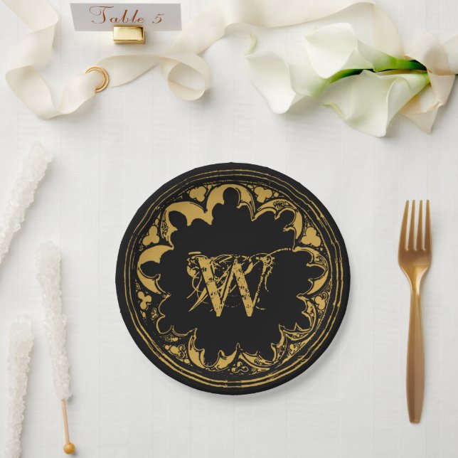 Schwarz-Gold-Rustikal-Vintages gestörtes Monogramm Pappteller (Hochzeit)