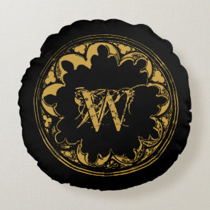 Schwarz-Gold-Rustikal-Vintages gestörtes Monogramm Rundes Kissen