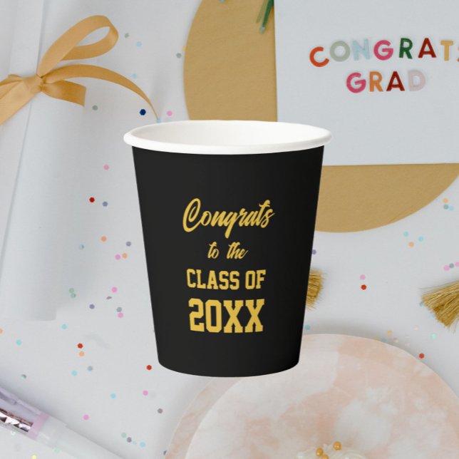 Schwarz-Gold-School-Colors-Graduiertenparty Pappbecher (In Situ Graduation Party)