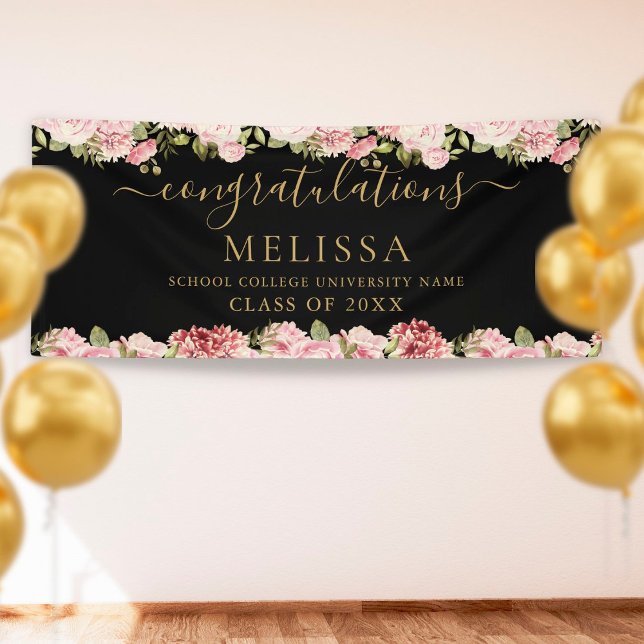 Schwarz-Gold-Script-Abschluss für Rose mit Blumenm Banner (Von Creator hochgeladen)