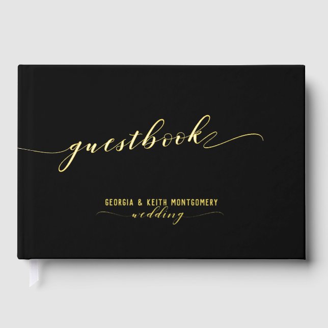 Schwarz-Gold-Script-Elegante Hochzeit 2 Gästebuch (Vorderseite)