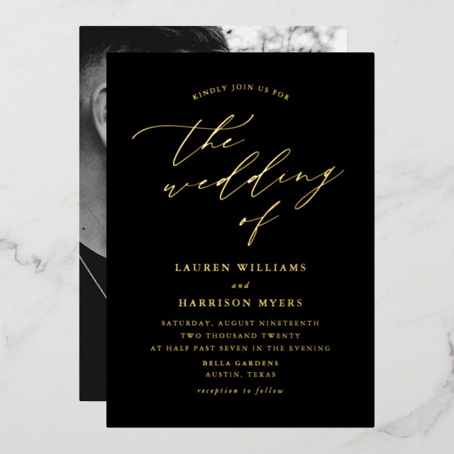 Schwarz-Gold-Script-Foto Folieneinladung (Vorderseite/Rückseite)