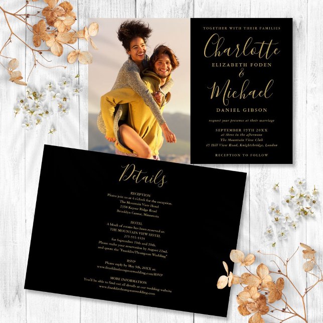 Schwarz-Gold-Script-Foto-Hochzeit Einladung (Black And Gold Script Photo Wedding All In One Invitation)