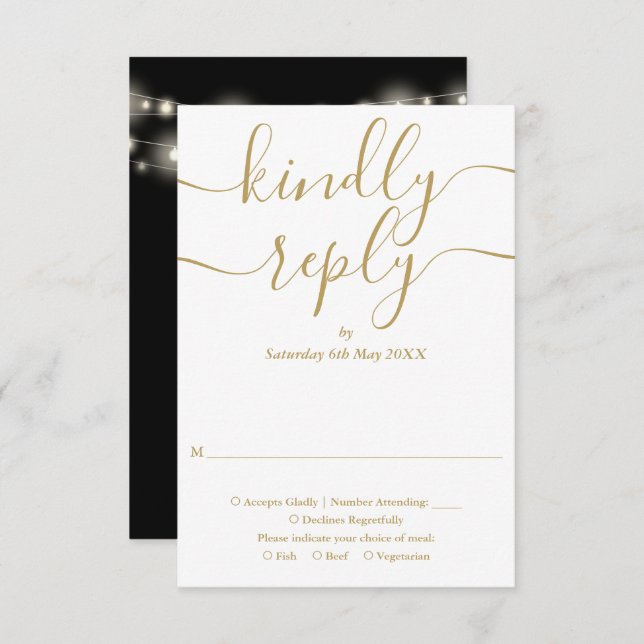 Schwarz-Gold-Script-Lichter Hochzeit RSVP Karte (Vorne/Hinten)