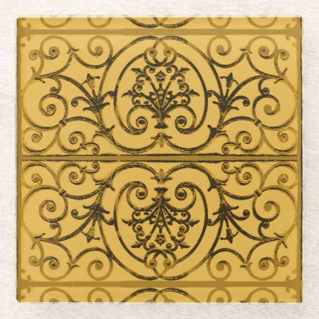 Schwarz-Gold-Scrollwork-Muster Glasuntersetzer (Vorderseite)