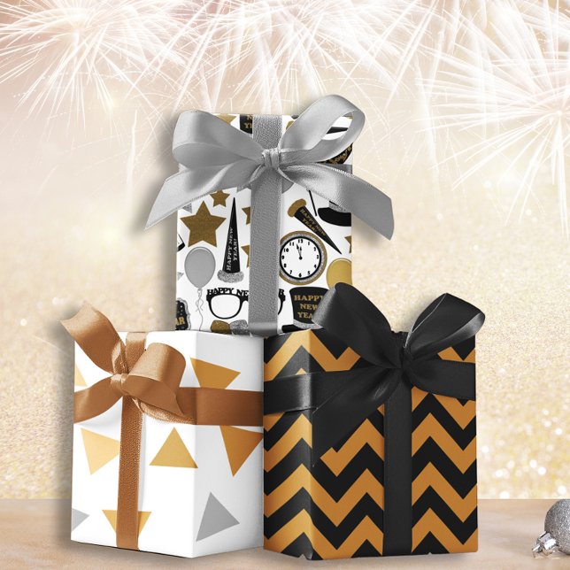 Schwarz-Gold-Set im Neujahr: 3 Geschenkpapier Set (New Year black and gold set of 3 Wrapping Paper Sheets )