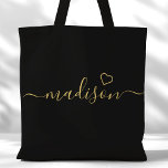 Schwarz-Gold-Signatur-Script-Bridesmaid-Geschenk<br><div class="desc">Schwarz und Gold Unterschrift Script Bridesmaid Geschenk Tote Tasche. Personalisieren Sie dieses individuelle Design mit Ihrem eigenen Namen und Ihren eigenen Farben.</div>