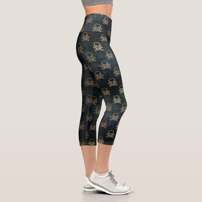 Schwarz-Gold-Skull & Crossbones-Muster Capri Leggings (Rechts)