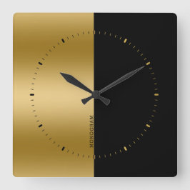 Schwarz-Gold-Splitscreen-Monogramm Quadratische Wanduhr