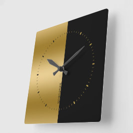 Schwarz-Gold-Splitscreen-Monogramm Quadratische Wanduhr
