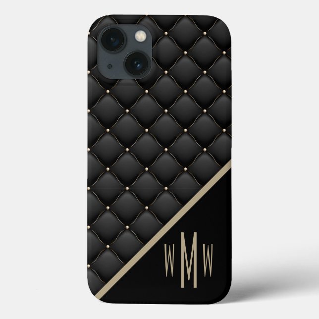 Schwarz-Gold-Steppmuster-Monogramm Case-Mate iPhone Hülle (Rückseite)