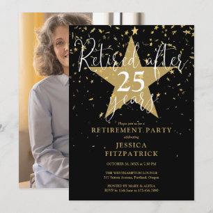 Schwarz-Gold-Sterne-Foto-Ruhestandsparty Einladung