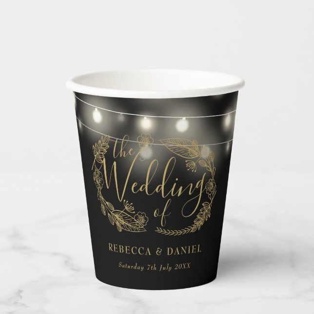 Schwarz-Gold-String-Lichter Blumenzehen Pappbecher (Vorderseite)