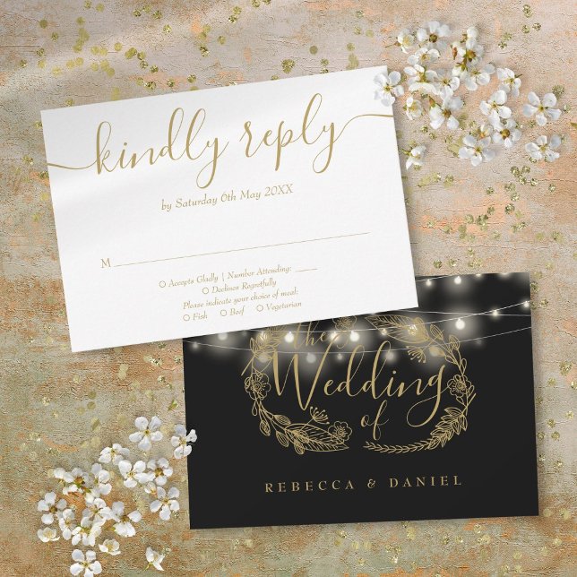 Schwarz-Gold-String-Lichter Blumenzehen RSVP Karte (Black And Gold String Lights Floral Wedding RSVP Card)