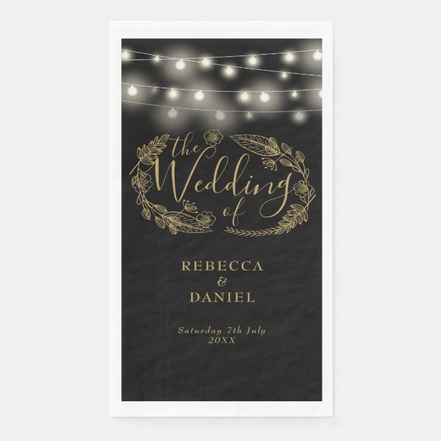 Schwarz-Gold-String-Lichter Blumenzehen Serviette (Vorderseite)