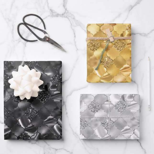 Schwarz, Gold und Silber, marokkanischer Quatrefol Geschenkpapier Set (Vorderseite)