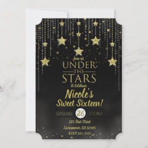 Schwarz & Gold unter den Sternen Starry Sweet 16 Einladung